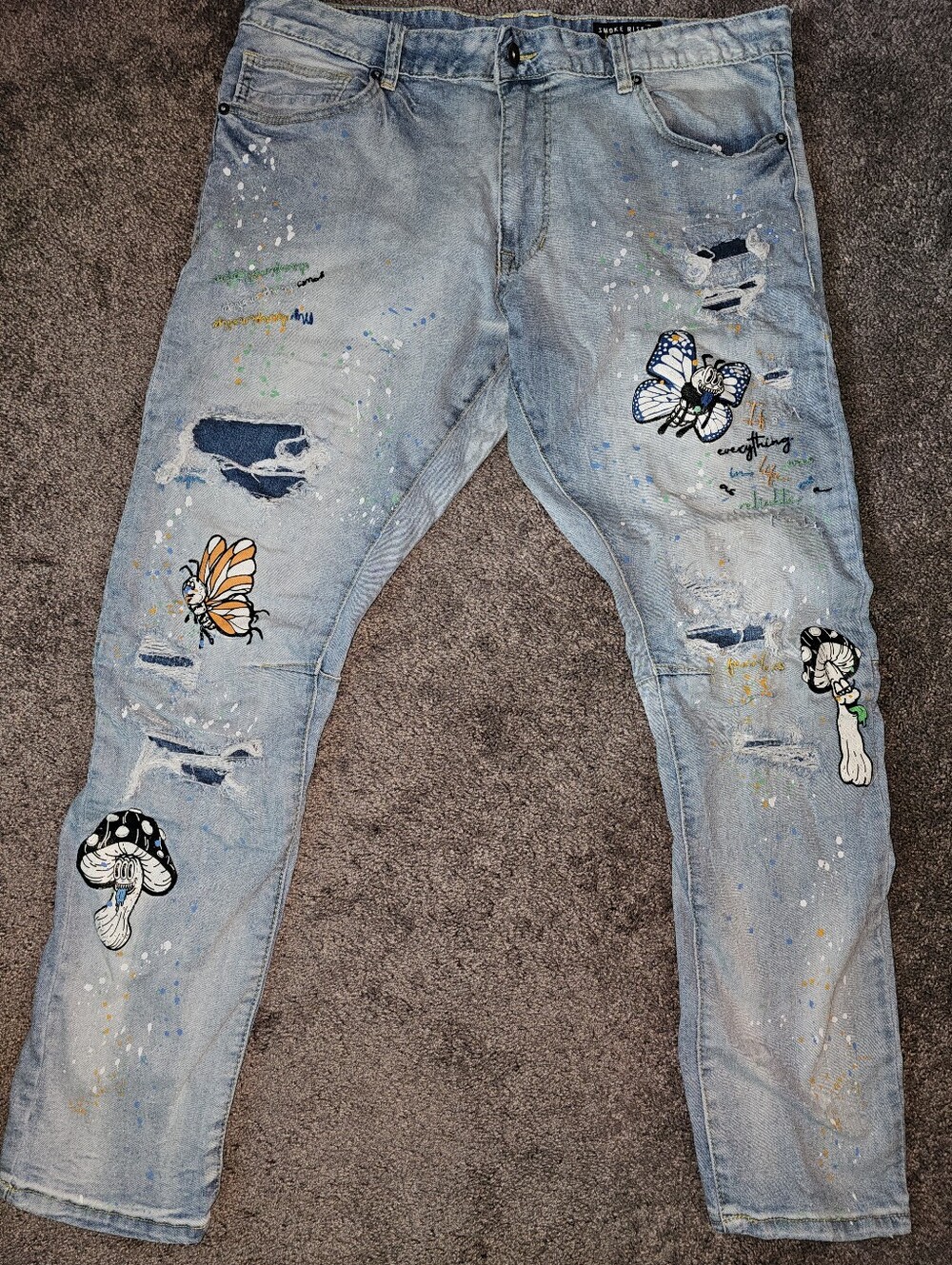 Smoke Rise Distressed Graphic Jeans 40x32 Mushroom Grunge Art Streetwear Punk